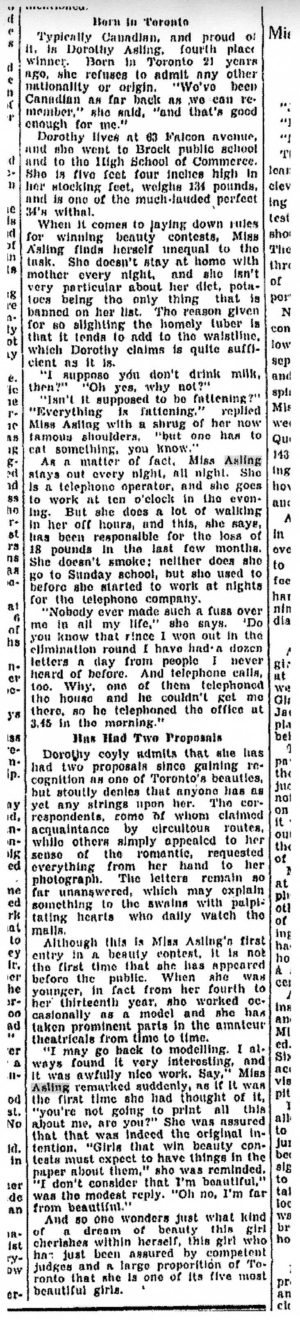 Dorothy Asling interview Miss Toronto 1926